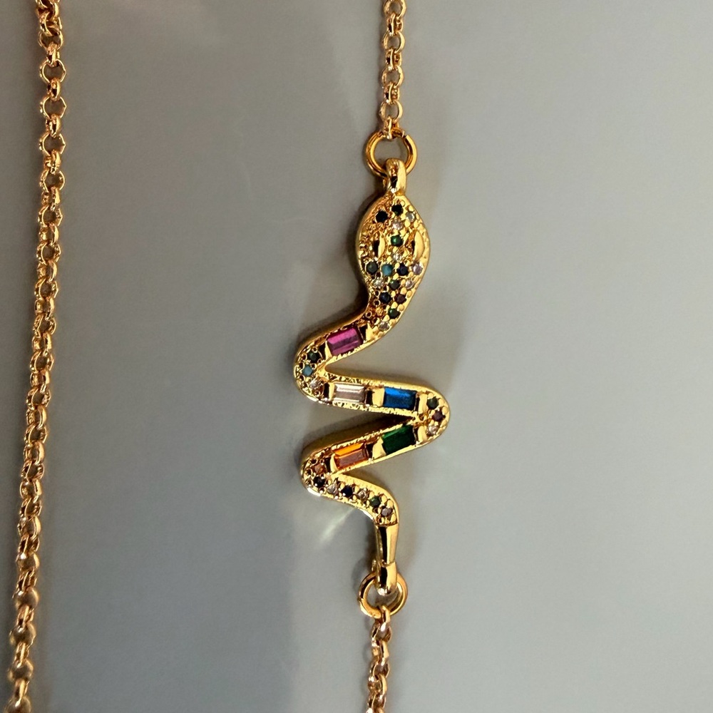Gold Tone Snake Pendant Necklace with Multi-Color Stones